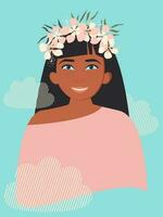 Young beautiful woman with long black hair and a flower wreath on her head. Women's mental health and positive attitude. Turquoise vertical women's banner. Vector. vector