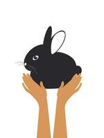 Black rabbit in caring hands. Symbol of 2023. Cute illustration isolated on white background. Vector. vector