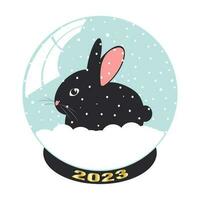 A black cute rabbit sits in a glass sphere with snow. Magical New Year's festive winter ball on a white background. Vector. vector