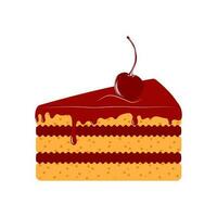 Cherry on the cake. Festive piece of birthday cake isolated on white background. Vector. vector