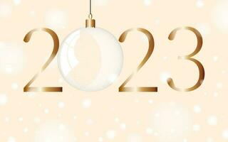 Happy New Year 2023. Festive winter banner on pink snowy horizontal background with numbers and Christmas glass ball. Vector. vector
