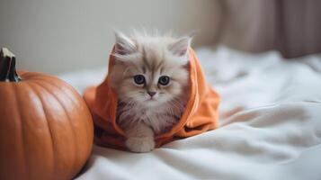 Cute red kitten in the orange costume on the bed. photo