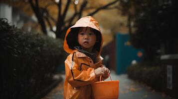 Asian boy dressed in orange costume for trick or treat. photo