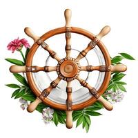 3D nautical, marine, floral illustration with wooden steering-wheel, photo