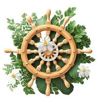 3D nautical, marine, floral illustration with wooden steering-wheel, photo