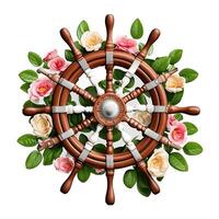 3D nautical, marine, floral illustration with wooden steering-wheel, photo