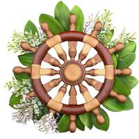 3D nautical, marine, floral illustration with wooden steering-wheel, photo