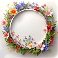 Floral round frame of wild pink flowers, photo