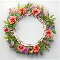 Floral round frame of wild pink flowers, photo