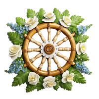 3D nautical, marine, floral illustration with wooden steering-wheel, photo