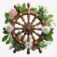 3d náutico, marina, floral ilustración con de madera volante, ai generativo foto