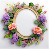 Floral round frame of wild pink flowers, photo