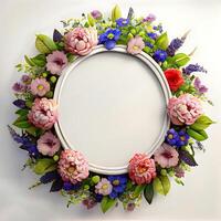 Floral round frame of wild pink flowers, photo