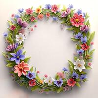 Floral round frame of wild pink flowers, photo