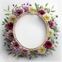 Floral round frame of wild pink flowers, photo