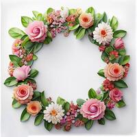 Floral round frame of wild pink flowers, photo