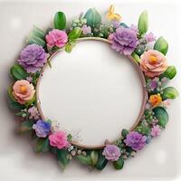 Floral round frame of wild pink flowers, photo