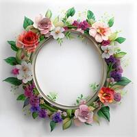 Floral round frame of wild pink flowers, photo