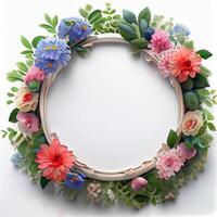 Floral round frame of wild pink flowers, photo