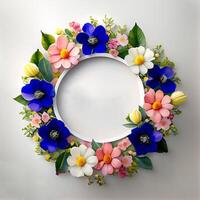 Floral round frame of wild pink flowers, photo