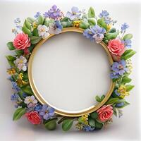 Floral round frame of wild pink flowers, photo