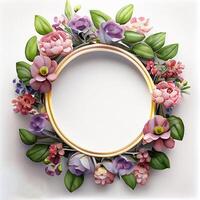 Floral round frame of wild pink flowers, photo