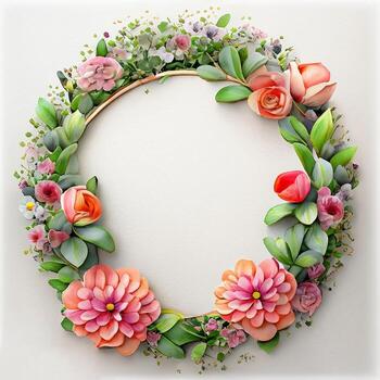 Floral round frame of wild pink flowers, photo