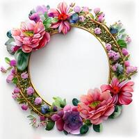 Floral round frame of wild pink flowers, photo