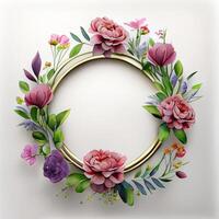 Floral round frame of wild pink flowers, photo