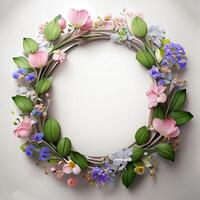 Floral round frame of wild pink flowers, photo