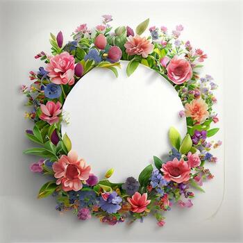 Floral round frame of wild pink flowers, photo