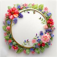 Floral round frame of wild pink flowers, photo