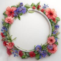 Floral round frame of wild pink flowers, photo