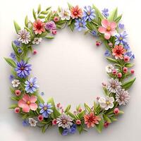 Floral round frame of wild pink flowers, photo