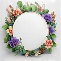 Floral round frame of wild pink flowers, photo