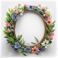 Floral round frame of wild pink flowers, photo