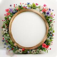 Floral round frame of wild pink flowers, photo