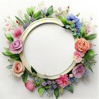 Floral round frame of wild pink flowers, photo