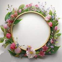 Floral round frame of wild pink flowers, photo