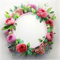 Floral round frame of wild pink flowers, photo