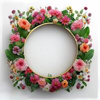 Floral round frame of wild pink flowers, photo