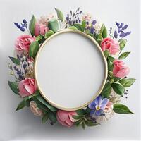 Floral round frame of wild pink flowers, photo