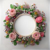 Floral round frame of wild pink flowers, photo