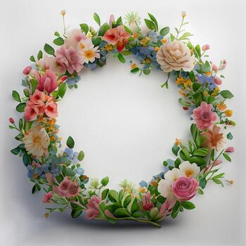 Floral round frame of wild pink flowers, photo