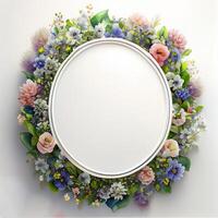 Floral round frame of wild pink flowers, photo