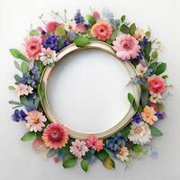 Floral round frame of wild pink flowers, photo