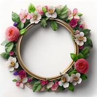 Floral round frame of wild pink flowers, photo