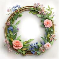 Floral round frame of wild pink flowers, photo