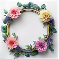 Floral round frame of wild pink flowers, photo