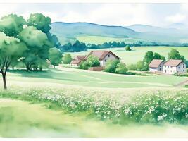 A watercolor painting of a rural countryside scene, photo
